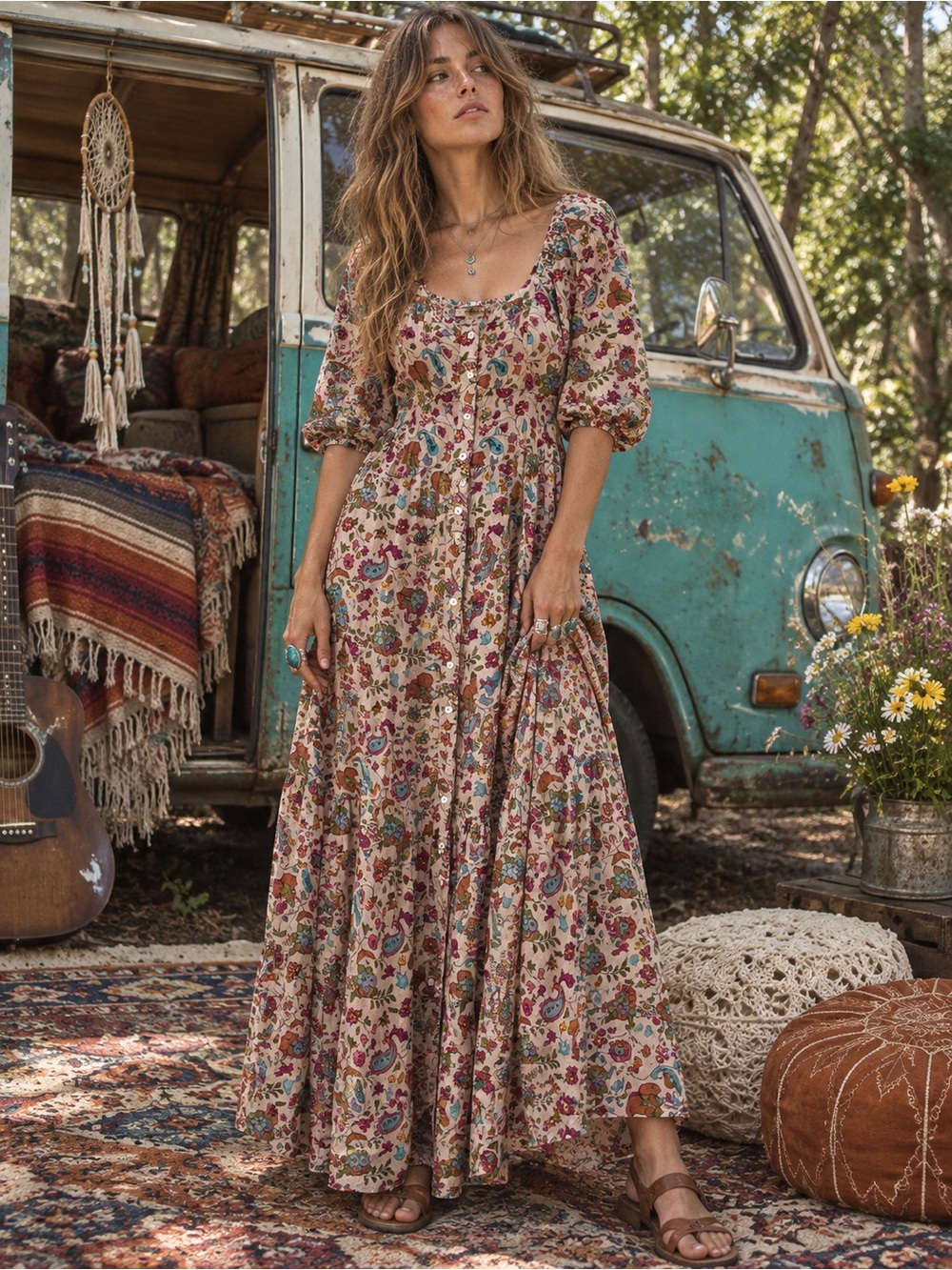 Natural Life Paisley Floral Puff Sleeve Button
Front Maxi Dress